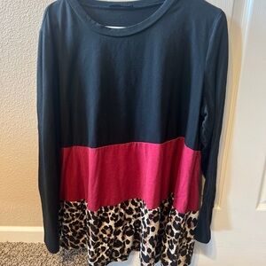 SHEIN Black and Red Colorblock Leopard Blouse